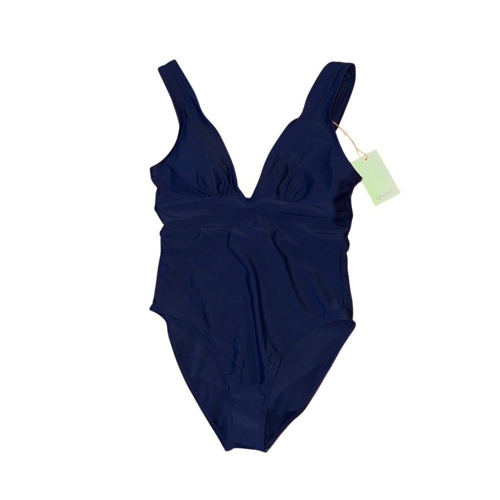 Quince One-Piece Swimsuit Womens Size M Navy Blue V-Neck Ruched Stretch - Picture 4 of 6